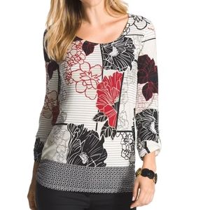 Chico's Womens Size 2 US 12 Red & Black Eastern Flair Floral Blouse Top